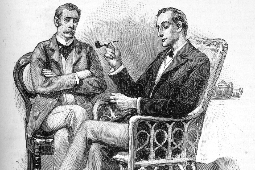 Sherlock Holmes and Dr. Watson sitting next to each in armchairs, deep in thought.